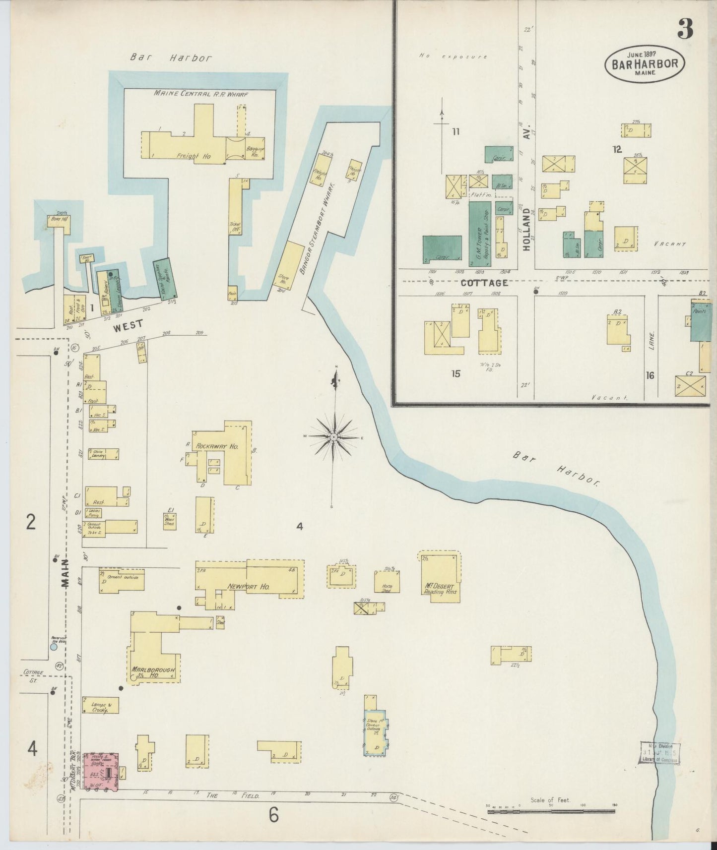 Sanborn Fire Insurance Map from Bar Harbor, Hancock County, Maine (1897), Sheet #0003 - Complete Map Set gallery image, historic Sanborn map, vintage wall art, Maine Maine