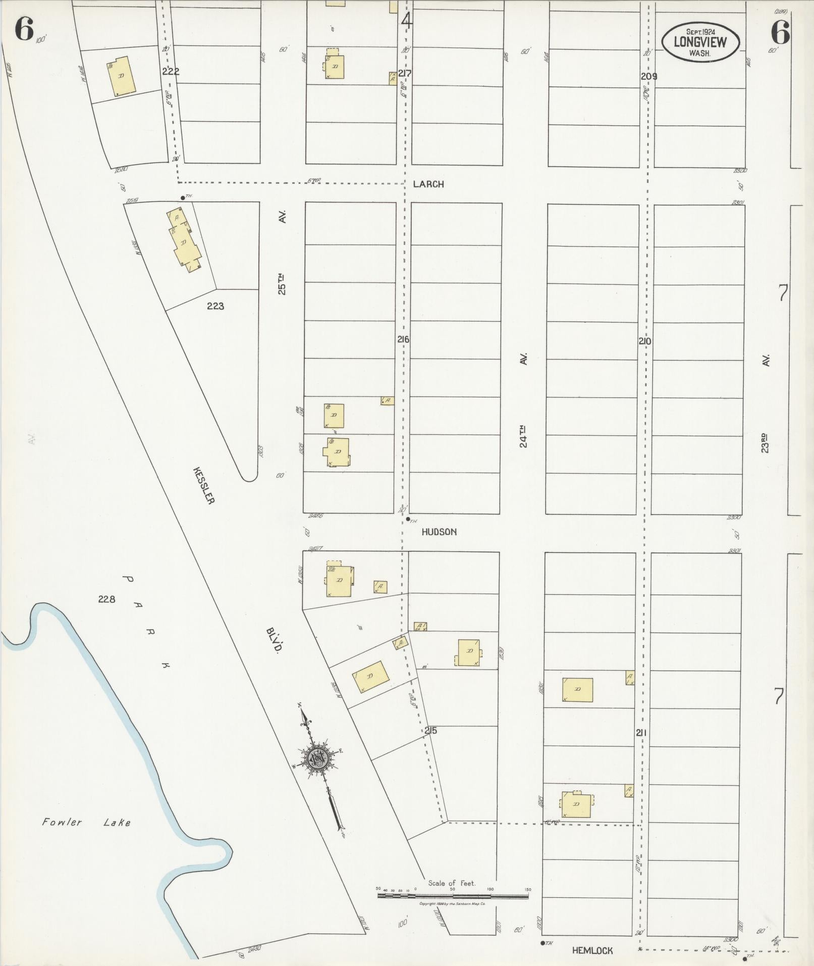Sanborn Fire Insurance Map from Longview, Cowlitz County, Washington (1924), Sheet #0006 - Historic Sanborn Fire Insurance Map Print, vintage old map wall art, antique decor, genealogy gift, Washington Washington map