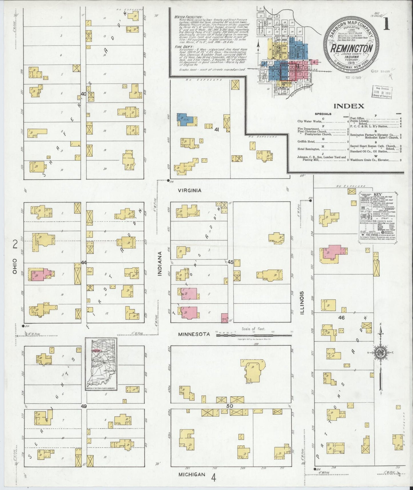 Sanborn Fire Insurance Map from Remington, Jasper County, Indiana (1919), Sheet #0001 - Complete Map Set gallery image, historic Sanborn map, vintage wall art, Indiana Indiana