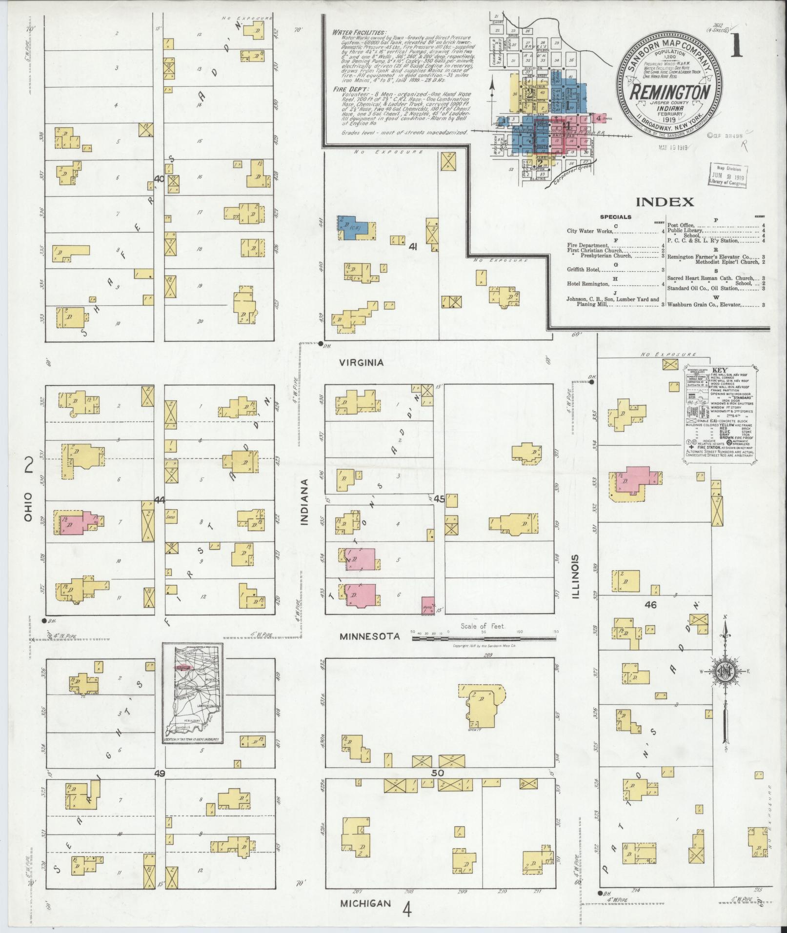 Sanborn Fire Insurance Map from Remington, Jasper County, Indiana (1919), Sheet #0001 - Complete Map Set gallery image, historic Sanborn map, vintage wall art, Indiana Indiana