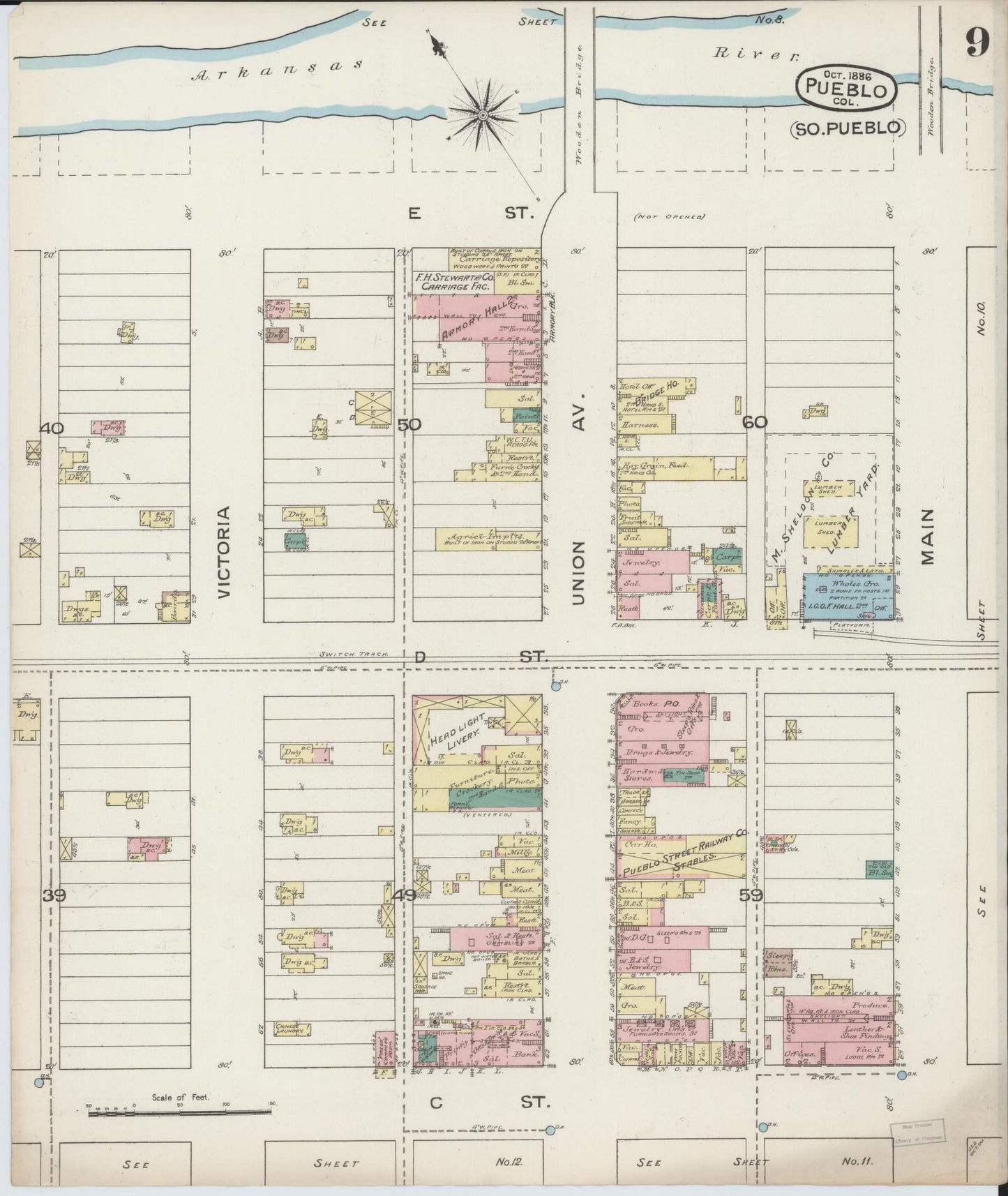 Sanborn Fire Insurance Map from Pueblo, Pueblo County, Colorado (1886), Sheet #0009 - Complete Map Set gallery image, historic Sanborn map, vintage wall art, Colorado Colorado