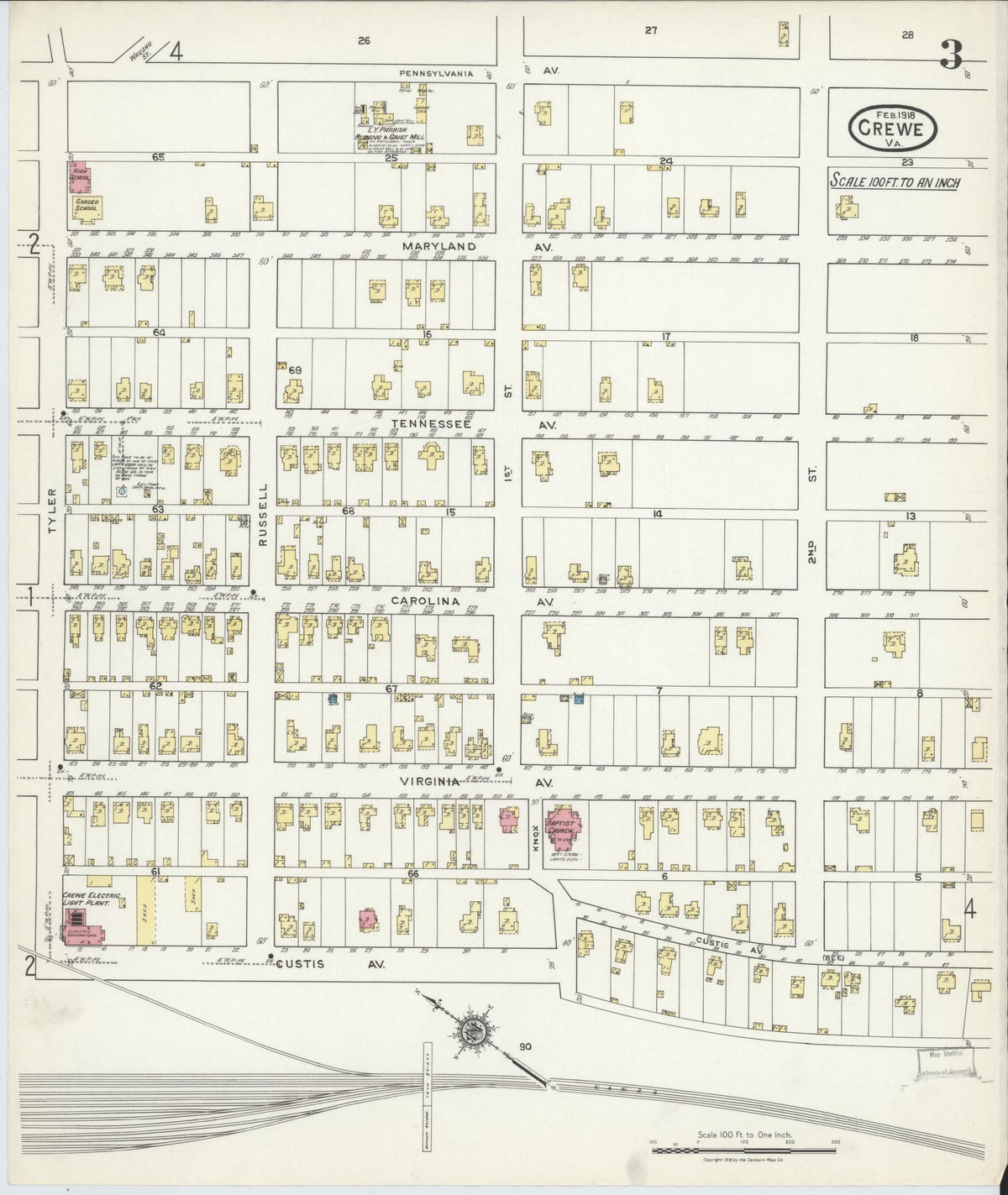 Sanborn Fire Insurance Map from Crewe, Nottoway County, Virginia (1918), Sheet #0003 - Complete Map Set gallery image, historic Sanborn map, vintage wall art, Virginia Virginia