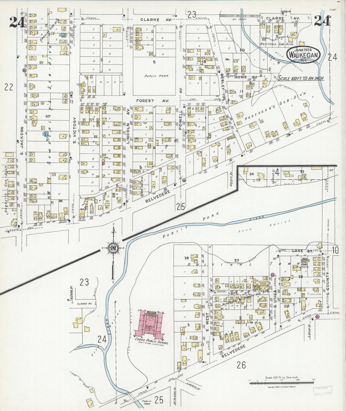 Sanborn Fire Insurance Map from Waukegan, Lake County, Illinois (1924), Sheet #0024 - Complete Map Set gallery image, historic Sanborn map, vintage wall art, Illinois Illinois