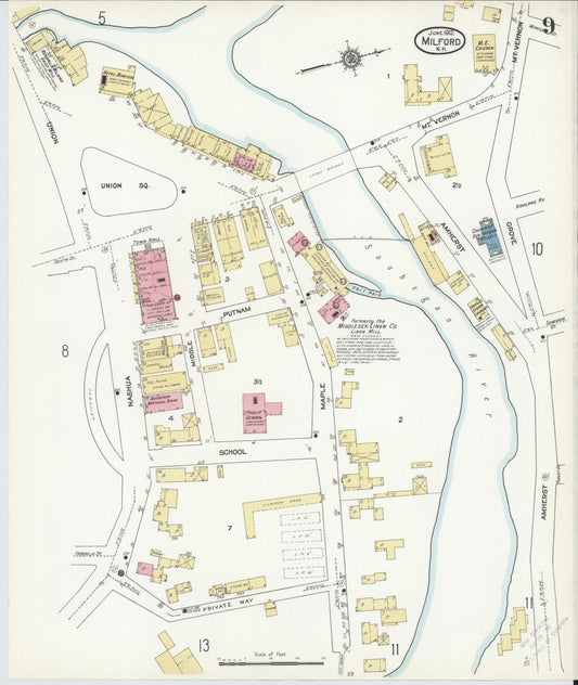Sanborn Fire Insurance Map from Milford, Hillsborough County, New Hampshire (1912), Sheet #0009 - Historic Sanborn Fire Insurance Map Print, vintage old map wall art, antique decor, genealogy gift, New Hampshire New Hampshire map