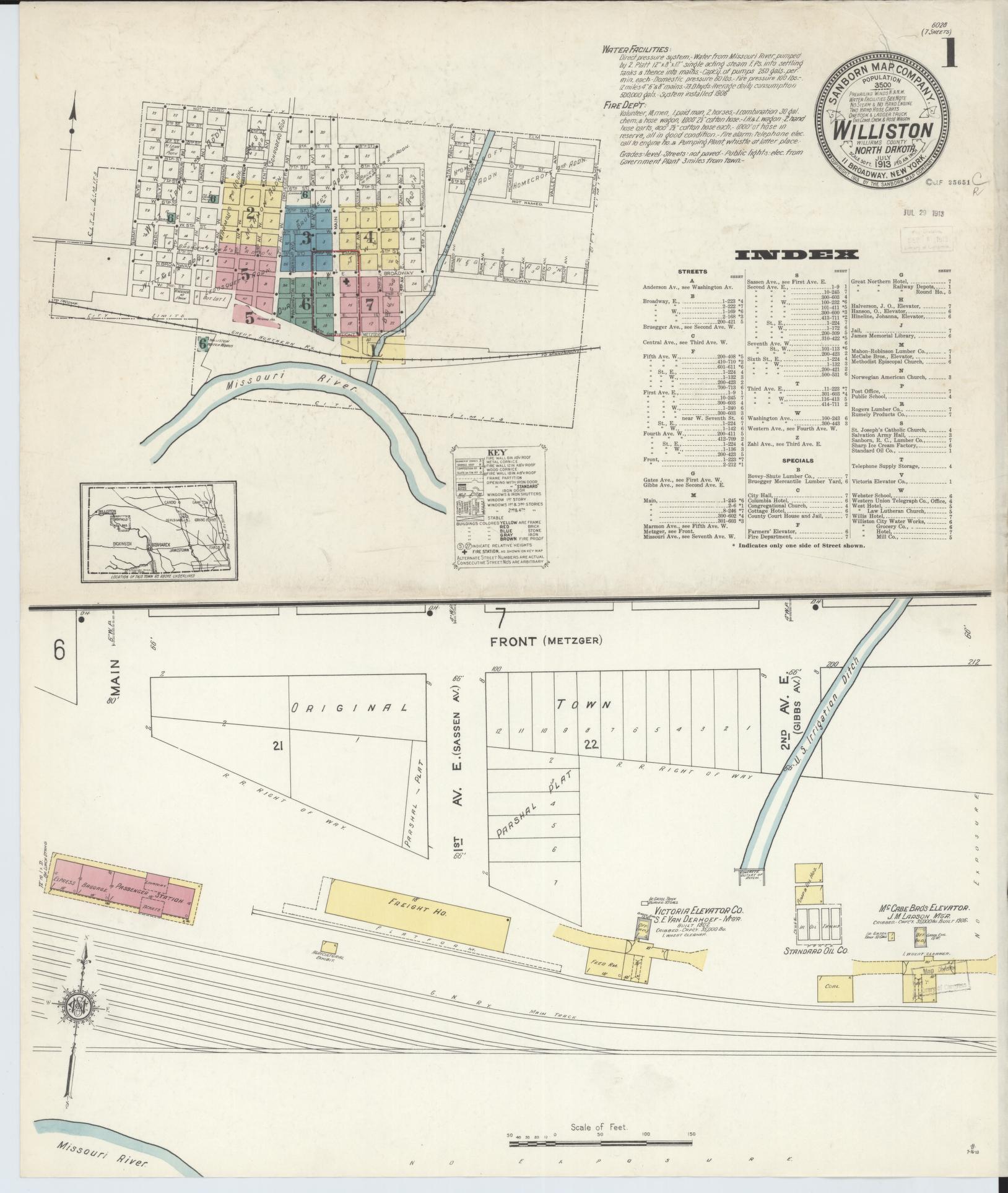Sanborn Fire Insurance Map from Williston, Williams County, North Dakota (1913), Sheet #0001 - Historic Sanborn Fire Insurance Map Print, vintage old map wall art, antique decor, genealogy gift, North Dakota North Dakota map