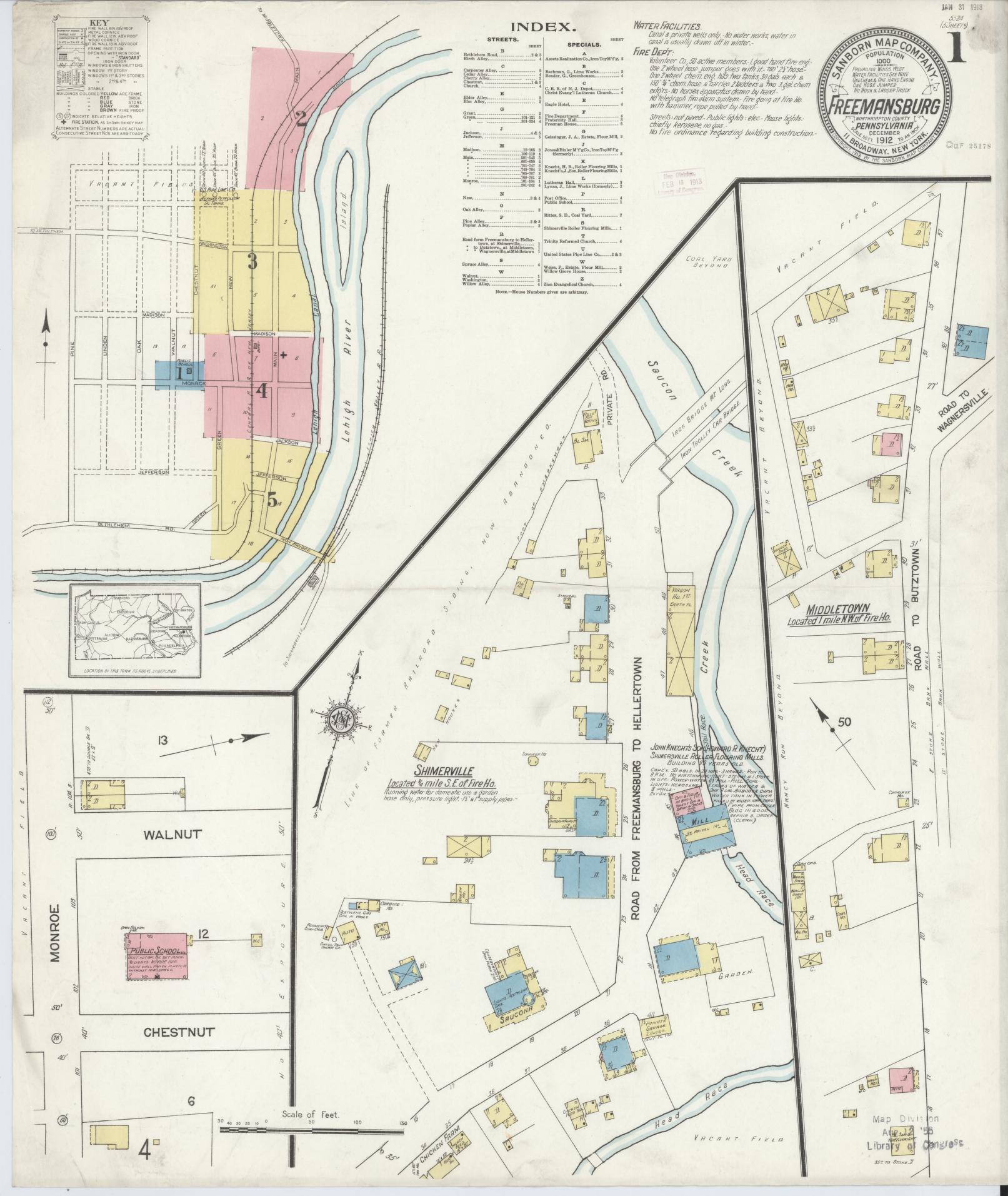 Sanborn Fire Insurance Map from Freemansburg, Northampton County, Pennsylvania (1912), Sheet #0001 - Historic Sanborn Fire Insurance Map Print, vintage old map wall art, antique decor, genealogy gift, Pennsylvania Pennsylvania map