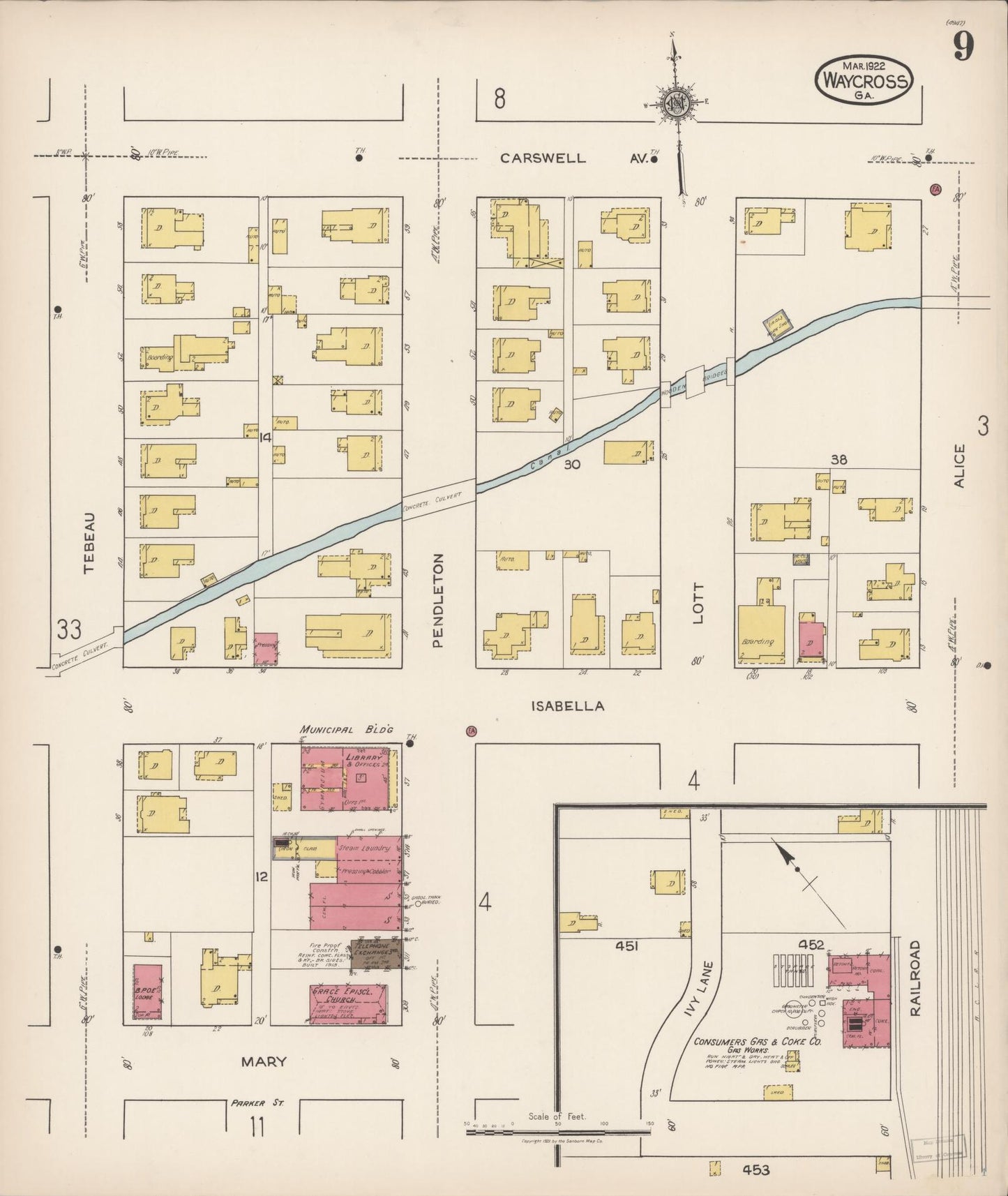 Sanborn Fire Insurance Map from Waycross, Ware County, Georgia (1922), Sheet #0009 - Complete Map Set gallery image, historic Sanborn map, vintage wall art, Georgia Georgia