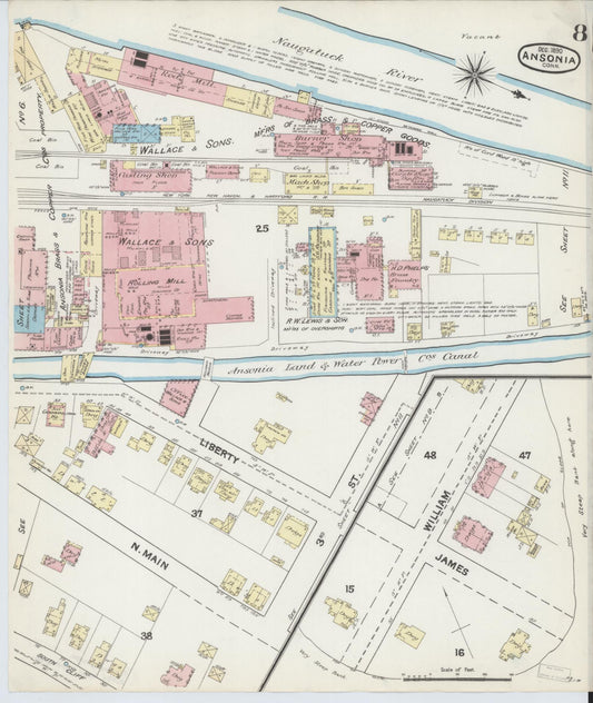 Sanborn Fire Insurance Map from Ansonia, New Haven County, Connecticut (1890), Sheet #0008 - Historic Sanborn Fire Insurance Map Print, vintage old map wall art, antique decor, genealogy gift, Connecticut Connecticut map