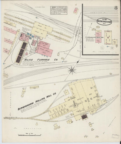 Sanborn Fire Insurance Map from Birmingham, Jefferson County, Alabama (1885), Sheet #0008 - Complete Map Set gallery image, historic Sanborn map, vintage wall art, Alabama Alabama