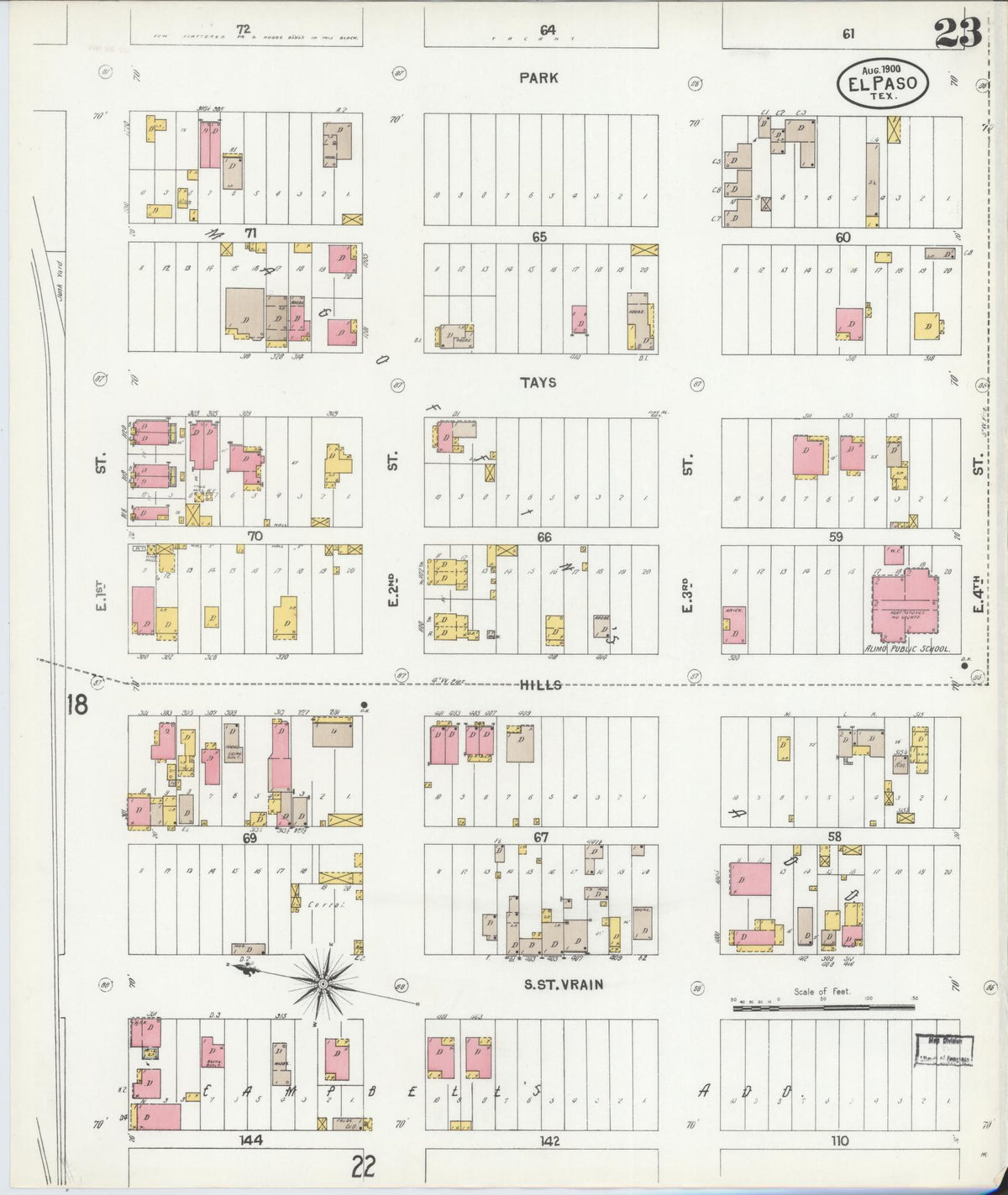 Sanborn Fire Insurance Map from El Paso, El Paso County, Texas (1900), Sheet #0023 - Historic Sanborn Fire Insurance Map Print, vintage old map wall art, antique decor, genealogy gift, Texas Texas map