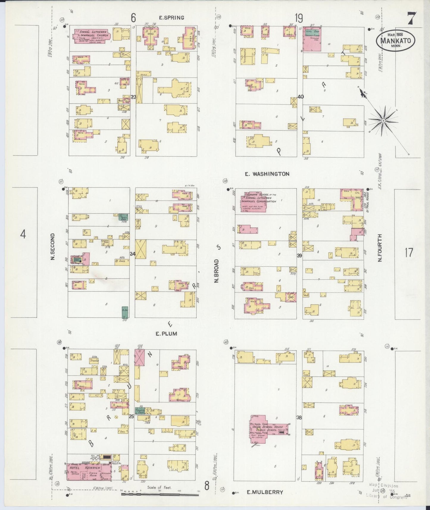 Sanborn Fire Insurance Map from Mankato, Blue Earth County, Minnesota (1908), Sheet #0007 - Complete Map Set gallery image, historic Sanborn map, vintage wall art, Minnesota Minnesota