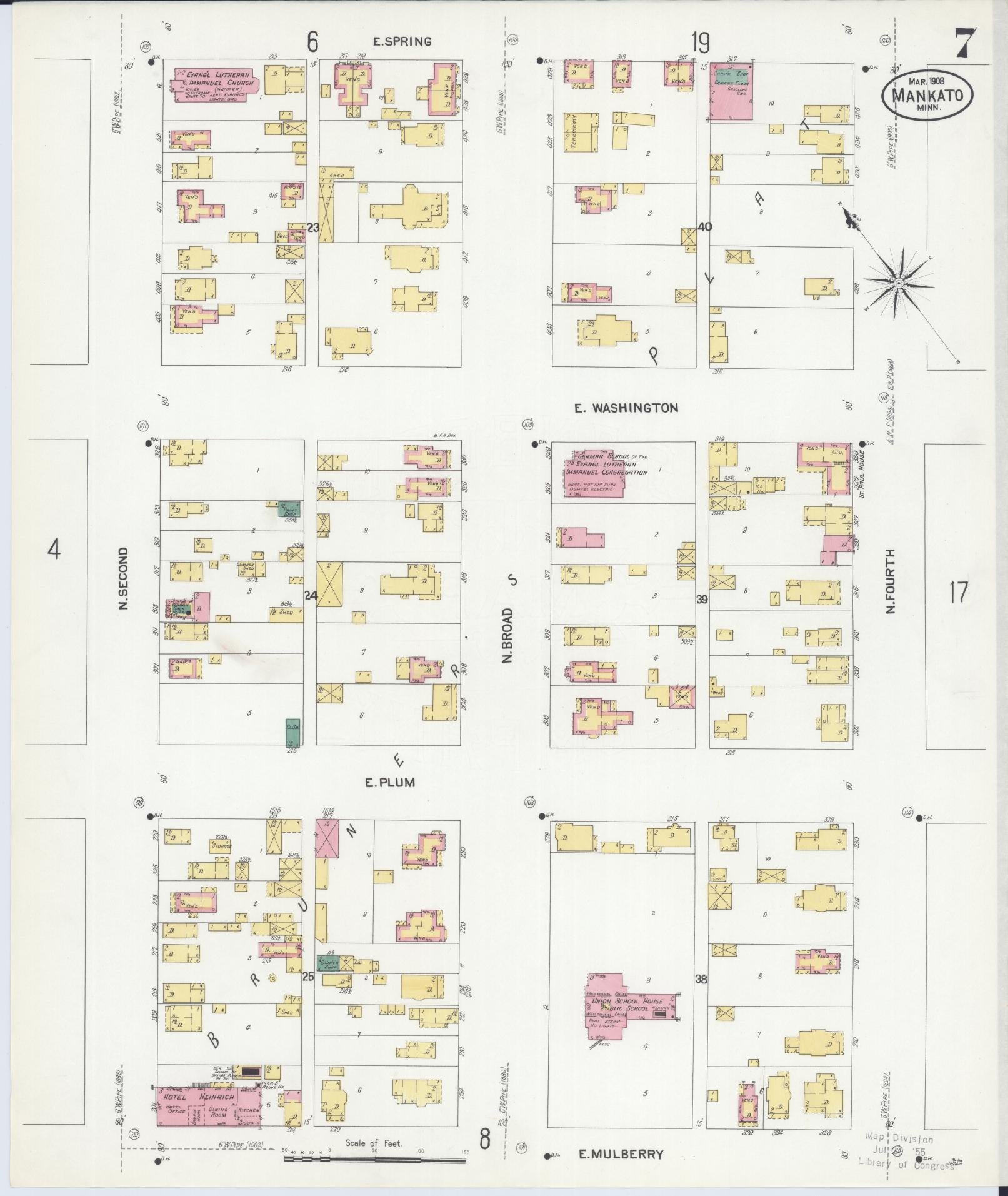 Sanborn Fire Insurance Map from Mankato, Blue Earth County, Minnesota (1908), Sheet #0007 - Complete Map Set gallery image, historic Sanborn map, vintage wall art, Minnesota Minnesota