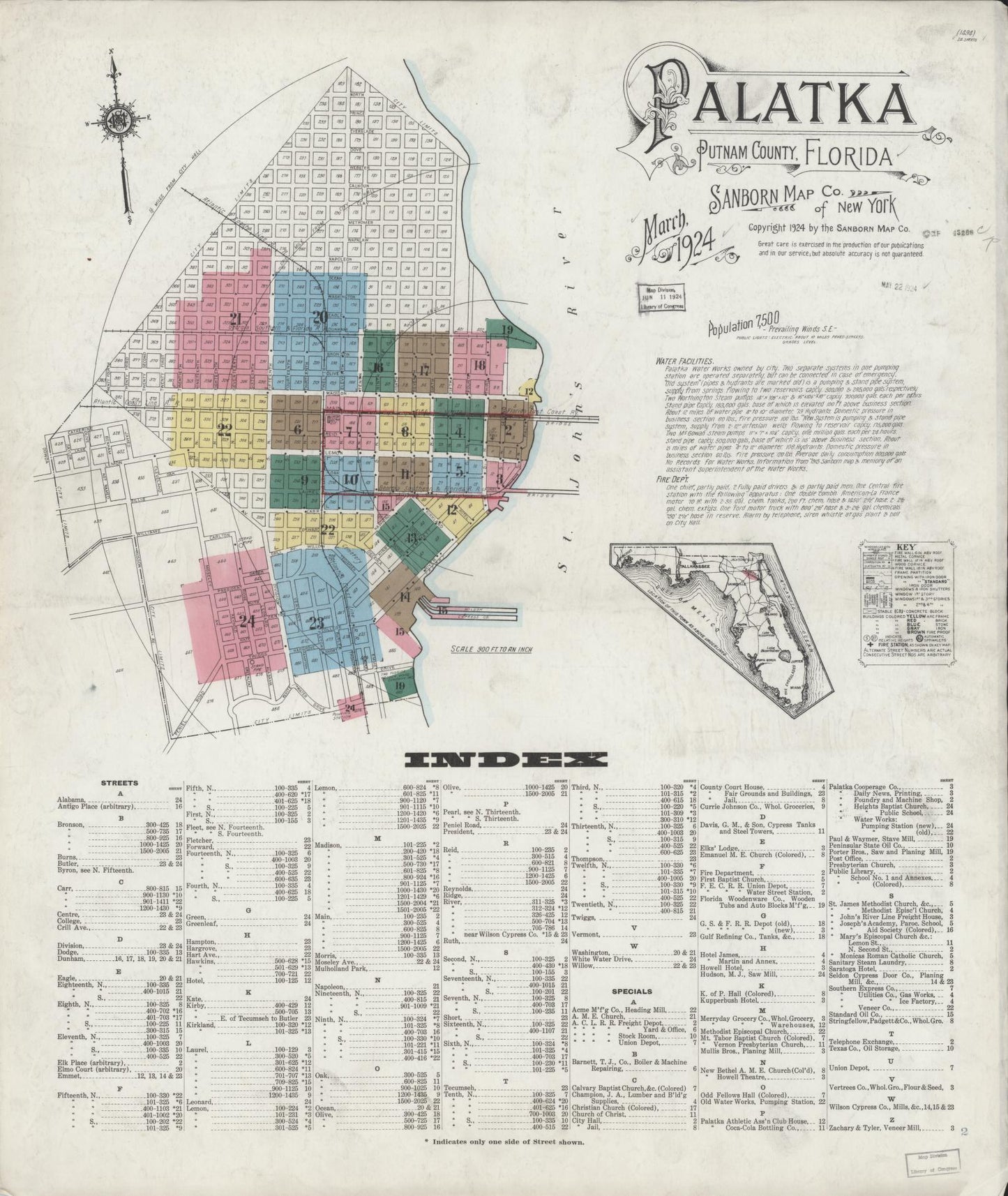 Sanborn Fire Insurance Map from Palatka, Putnam County, Florida (1924), Sheet #0001 - Complete Map Set gallery image, historic Sanborn map, vintage wall art, Florida Florida