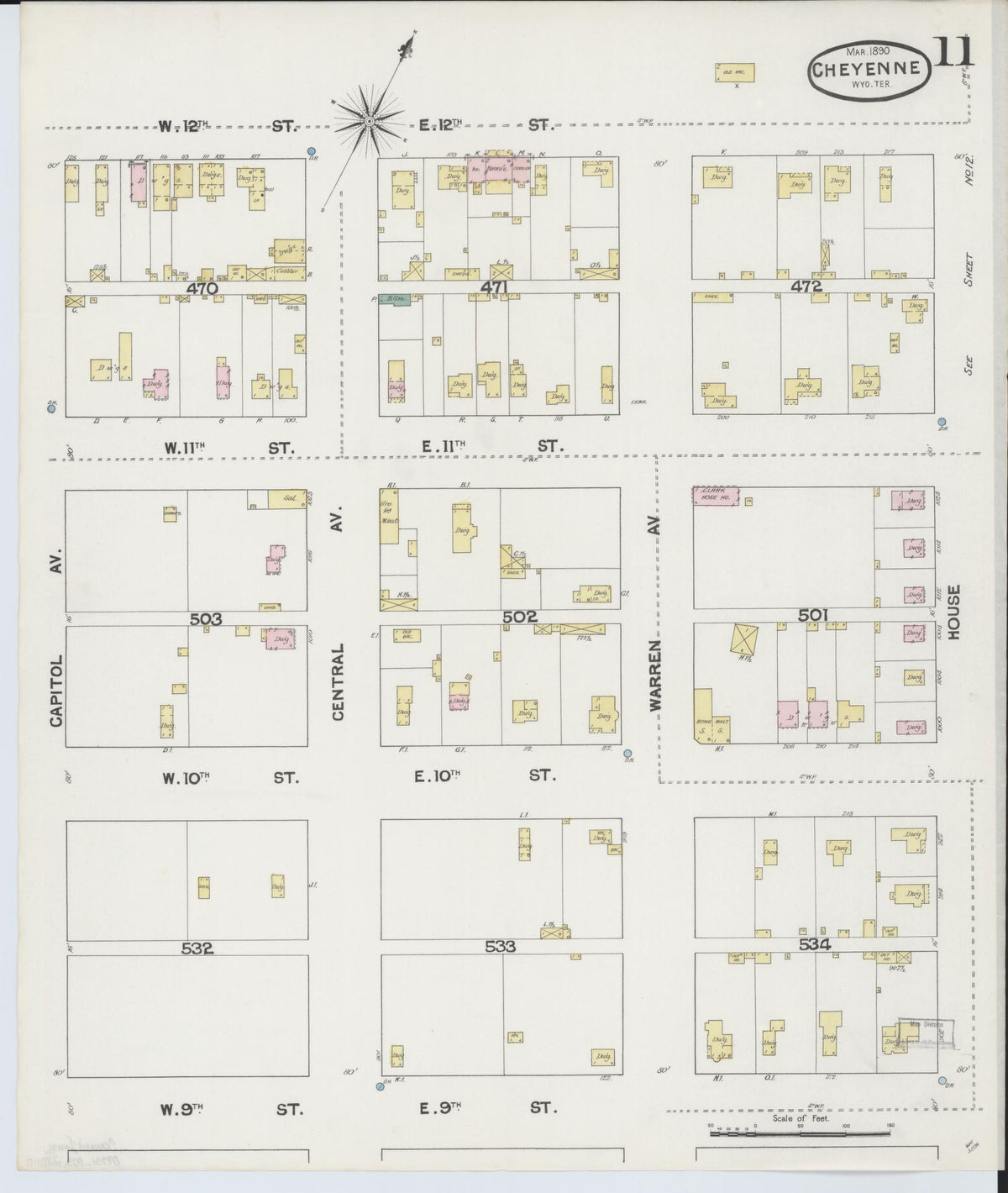 Sanborn Fire Insurance Map from Cheyenne, Laramie County, Wyoming (1890), Sheet #0011 - Complete Map Set gallery image, historic Sanborn map, vintage wall art, Wyoming Wyoming