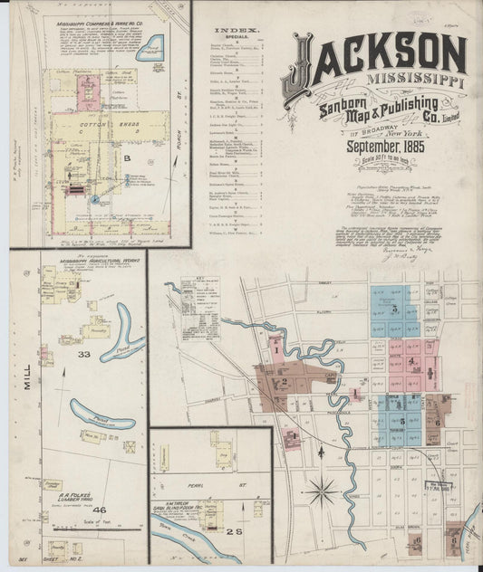 Sanborn Fire Insurance Map from Jackson, Hinds County, Mississippi (1885), Sheet #0001 - Historic Sanborn Fire Insurance Map Print, vintage old map wall art, antique decor, genealogy gift, Mississippi Mississippi map