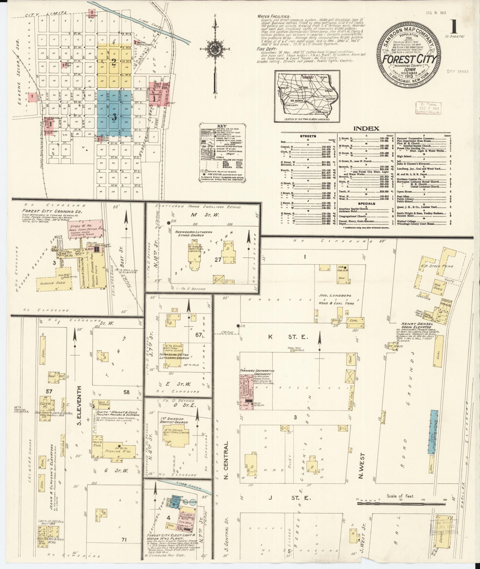 Sanborn Fire Insurance Map from Forest City, Winnebago County, Iowa (1913), Sheet #0001 - Historic Sanborn Fire Insurance Map Print, vintage old map wall art
