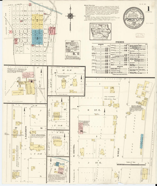 Sanborn Fire Insurance Map from Forest City, Winnebago County, Iowa (1913), Sheet #0001 - Historic Sanborn Fire Insurance Map Print, vintage old map wall art