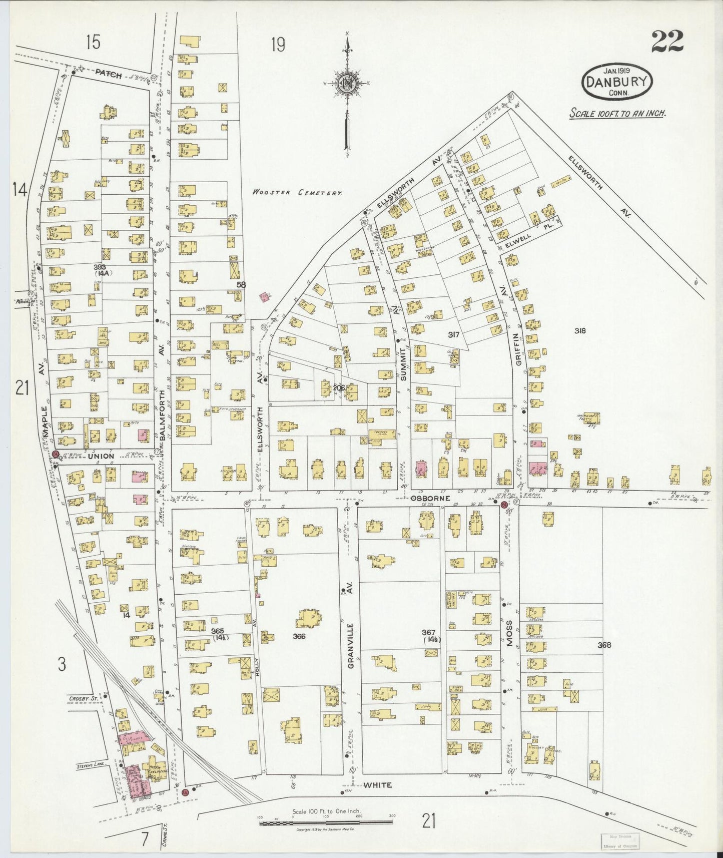 Sanborn Fire Insurance Map from Danbury, Fairfield County, Connecticut (1919), Sheet #0022 - Complete Map Set gallery image, historic Sanborn map, vintage wall art, Connecticut Connecticut