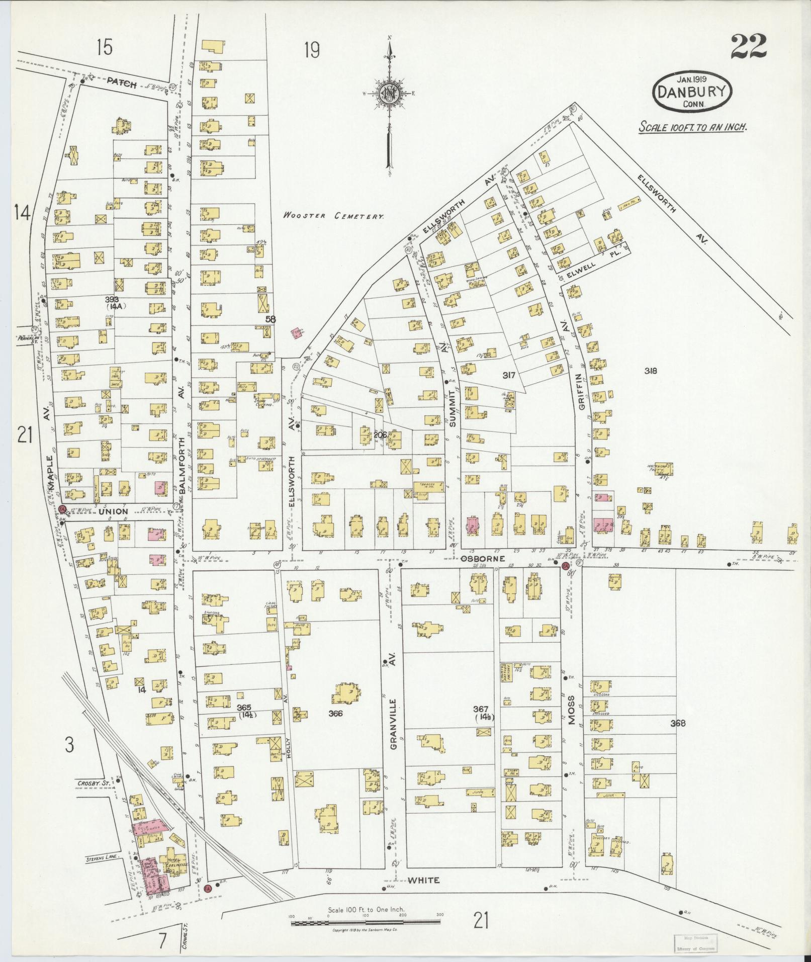 Sanborn Fire Insurance Map from Danbury, Fairfield County, Connecticut (1919), Sheet #0022 - Complete Map Set gallery image, historic Sanborn map, vintage wall art, Connecticut Connecticut