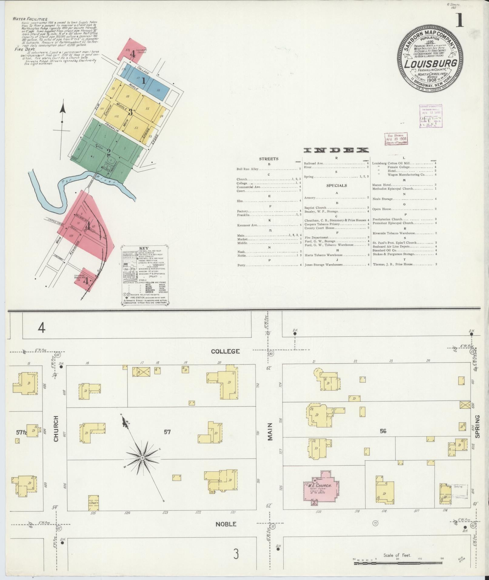Sanborn Fire Insurance Map from Louisburg, Franklin County, North Carolina (1908), Sheet #0001 - Complete Map Set gallery image, historic Sanborn map, vintage wall art, North Carolina North Carolina