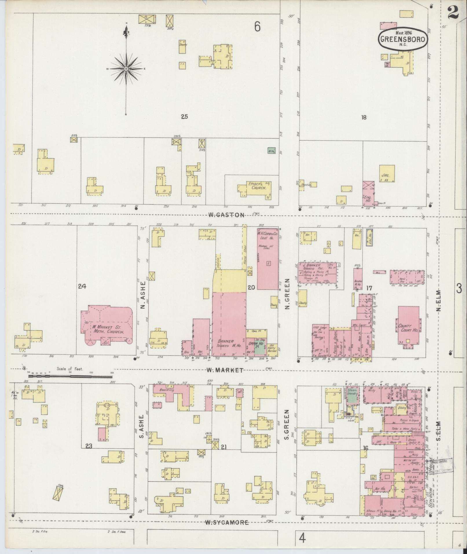 Sanborn Fire Insurance Map from Greensboro, Guilford County, North Carolina (1896), Sheet #0002 - Historic Sanborn Fire Insurance Map Print, vintage old map wall art, antique decor, genealogy gift, North Carolina North Carolina map