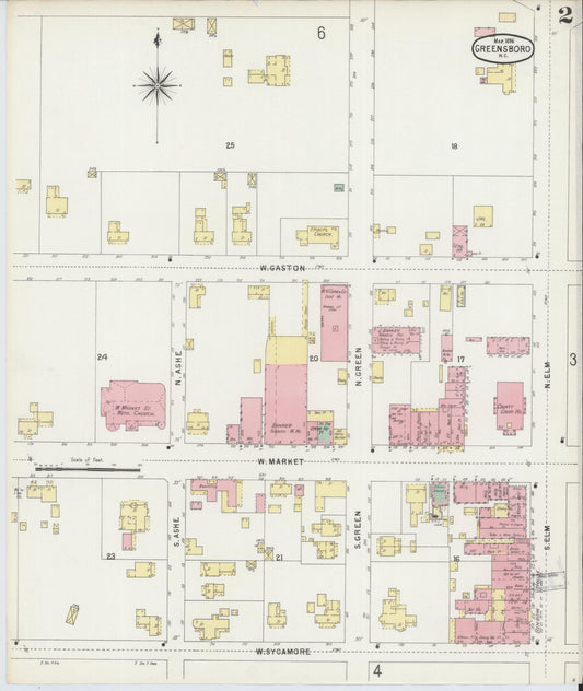 Sanborn Fire Insurance Map from Greensboro, Guilford County, North Carolina (1896), Sheet #0002 - Historic Sanborn Fire Insurance Map Print, vintage old map wall art, antique decor, genealogy gift, North Carolina North Carolina map