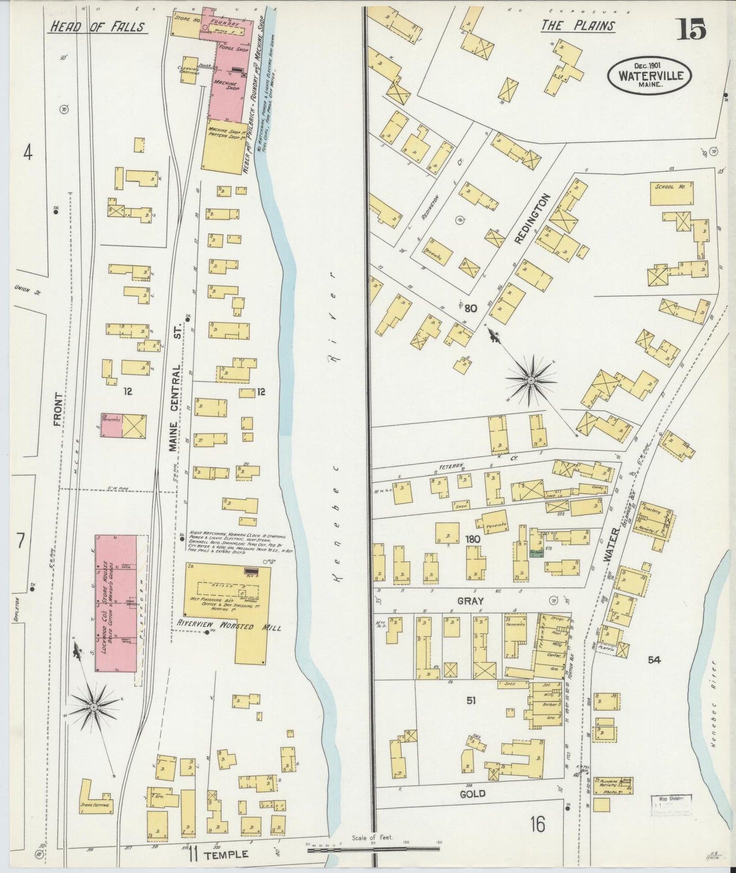 Sanborn Fire Insurance Map from Waterville, Kennebec County, Maine (1901), Sheet #0015 - Historic Sanborn Fire Insurance Map Print, vintage old map wall art, antique decor, genealogy gift, Maine Maine map