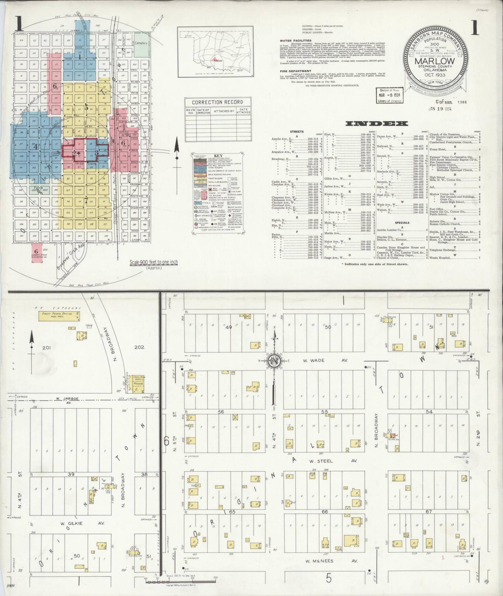 Sanborn Fire Insurance Map from Marlow, Stephens County, Oklahoma (1933), Sheet #0001 - Historic Sanborn Fire Insurance Map Print, vintage old map wall art, antique decor, genealogy gift, Oklahoma Oklahoma map
