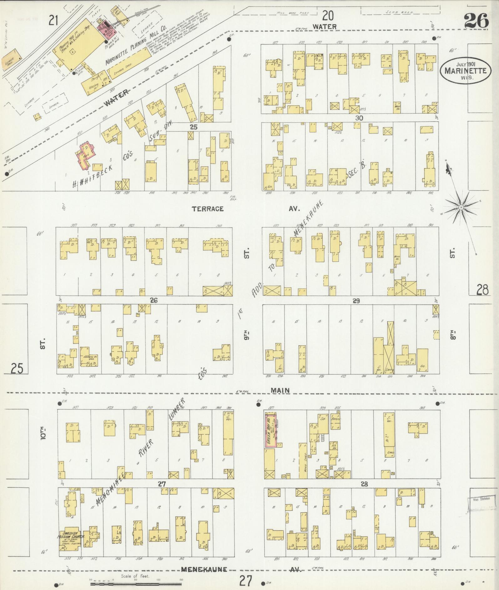 Sanborn Fire Insurance Map from Marinette, Marinette County, Wisconsin (1901), Sheet #0026 - Historic Sanborn Fire Insurance Map Print, vintage old map wall art, antique decor, genealogy gift, Wisconsin Wisconsin map