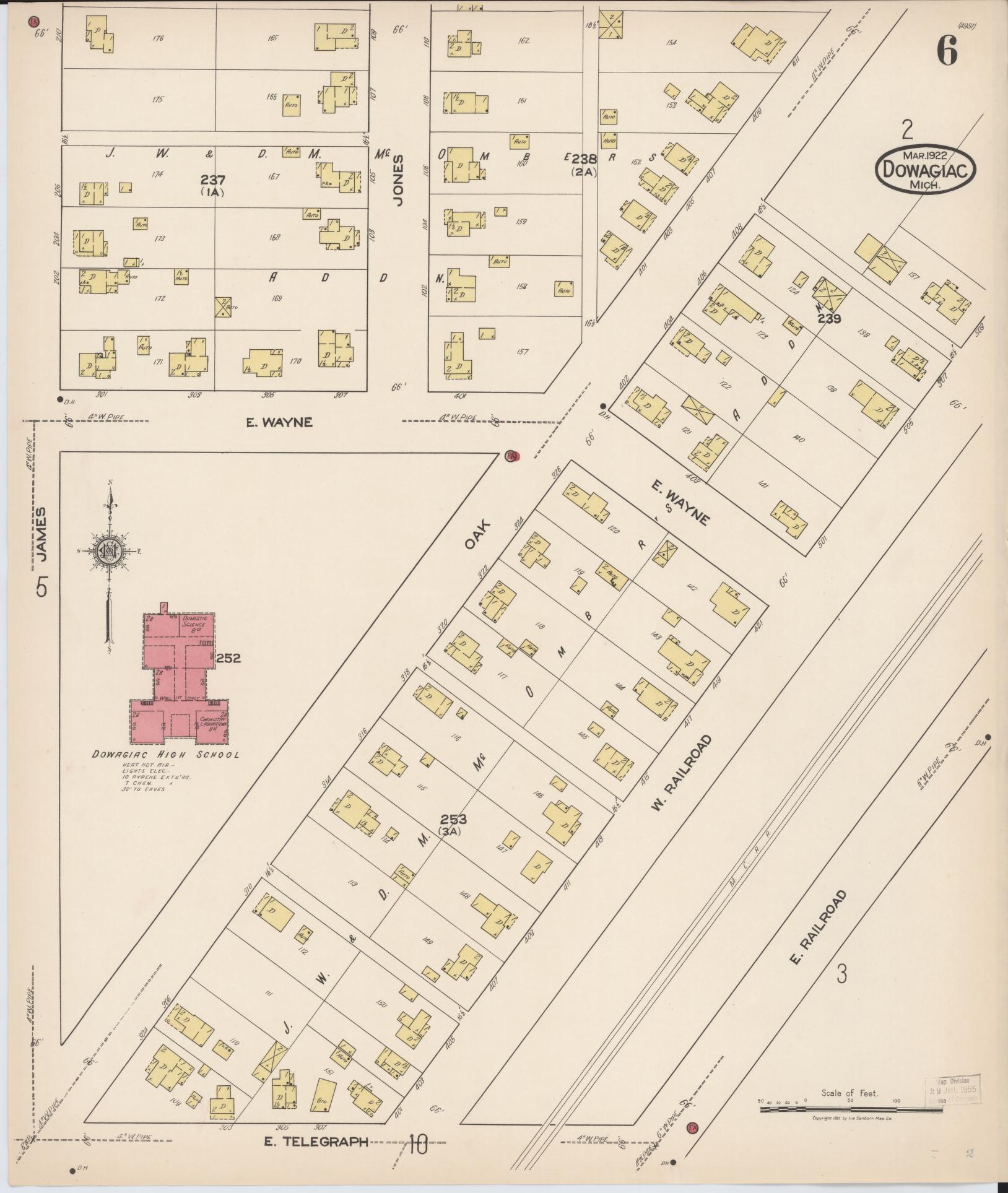 Sanborn Fire Insurance Map from Dowagiac, Cass County, Michigan (1922), Sheet #0006 - Historic Sanborn Fire Insurance Map Print, vintage old map wall art, antique decor, genealogy gift, Michigan Michigan map