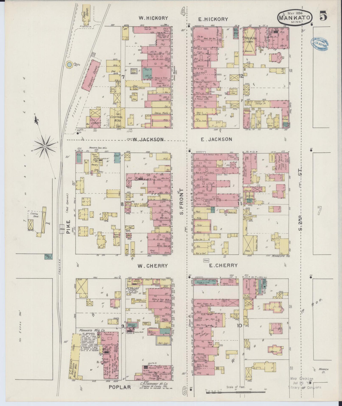 Sanborn Fire Insurance Map from Mankato, Blue Earth County, Minnesota (1894), Sheet #0005 - Historic Sanborn Fire Insurance Map Print, vintage old map wall art, antique decor, genealogy gift, Minnesota Minnesota map