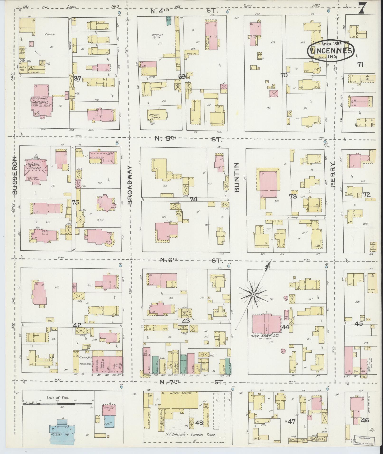 Sanborn Fire Insurance Map from Vincennes, Knox County, Indiana (1892), Sheet #0007 - Complete Map Set gallery image, historic Sanborn map, vintage wall art, Indiana Indiana