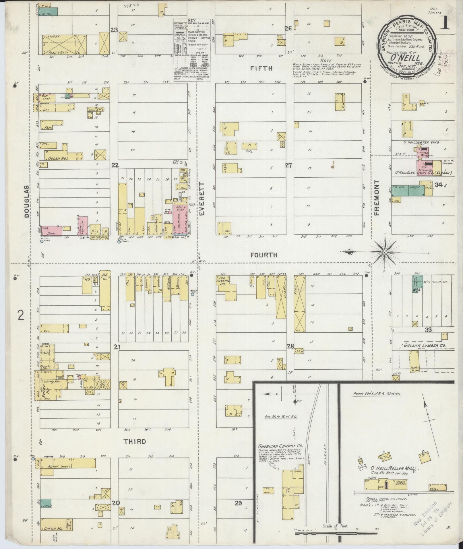 Sanborn Fire Insurance Map from O'Neill, Holt County, Nebraska (1897), Sheet #0001 - Historic Sanborn Fire Insurance Map Print, vintage old map wall art, antique decor, genealogy gift, Nebraska Nebraska map