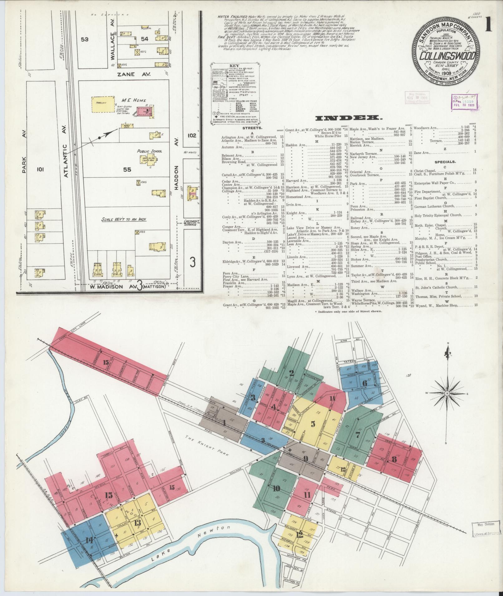 Sanborn Fire Insurance Map from Collingswood, Camden County, New Jersey (1909), Sheet #0001 - Complete Map Set gallery image, historic Sanborn map, vintage wall art, New Jersey New Jersey