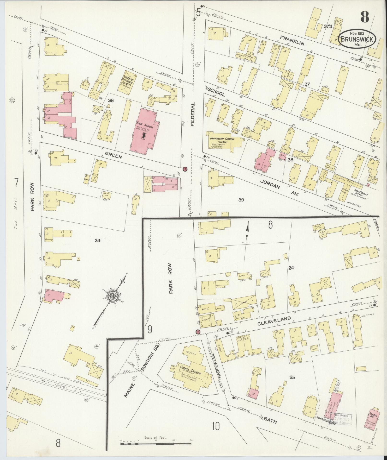 Sanborn Fire Insurance Map from Brunswick, Cumberland County, Maine (1912), Sheet #0008 - Complete Map Set gallery image, historic Sanborn map, vintage wall art, Maine Maine
