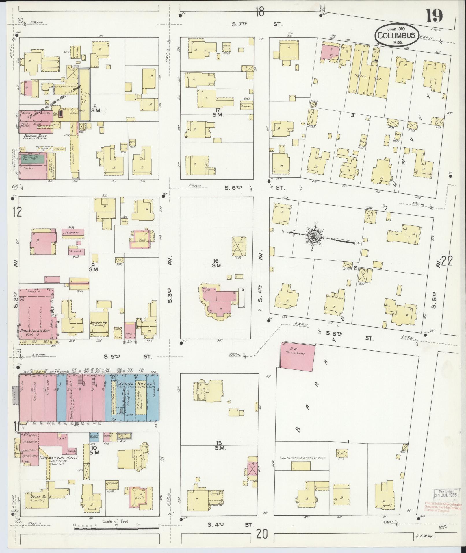 Sanborn Fire Insurance Map from Columbus, Lowndes County, Mississippi (1910), Sheet #0019 - Complete Map Set gallery image, historic Sanborn map, vintage wall art, Mississippi Mississippi