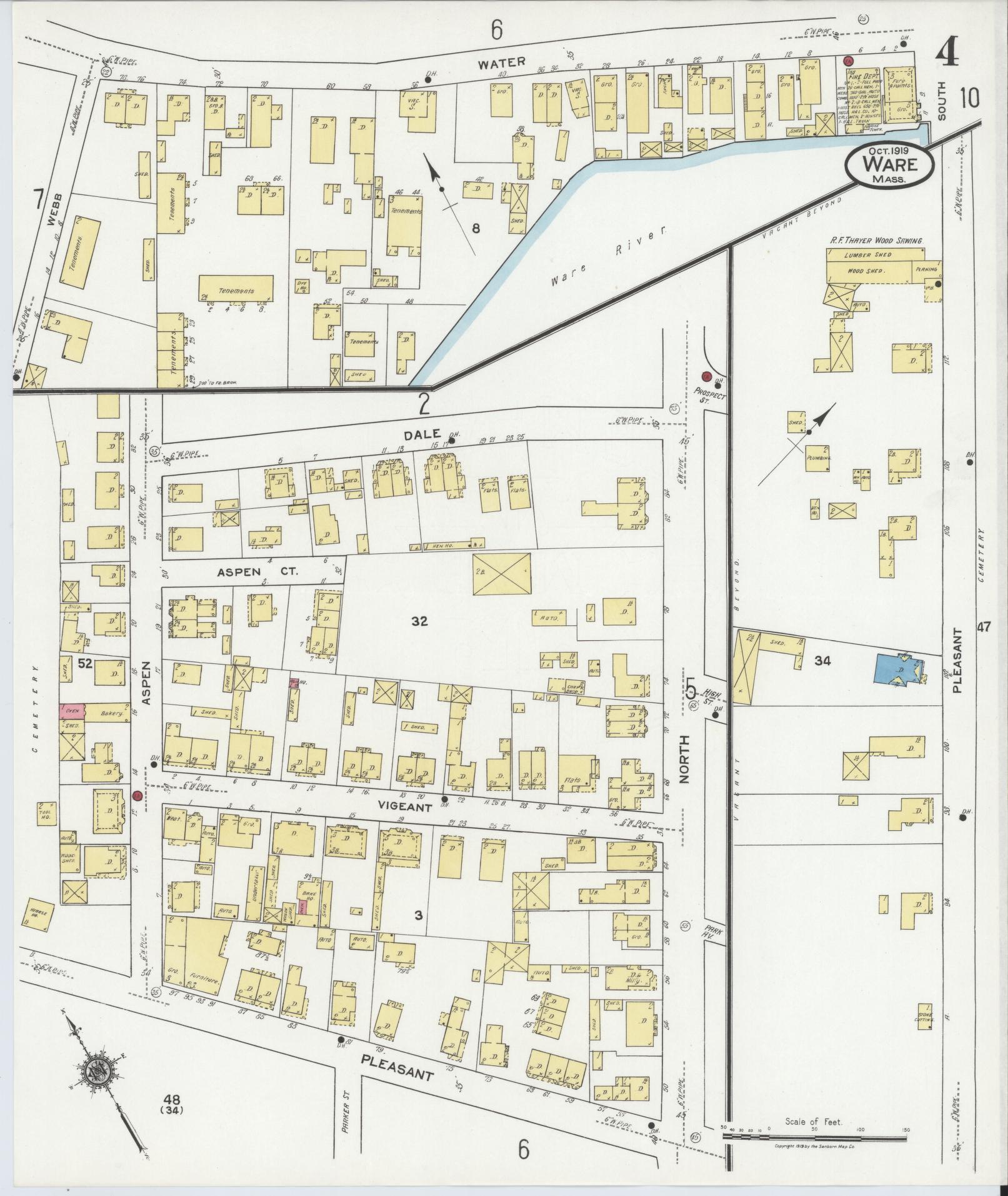 Sanborn Fire Insurance Map from Ware, Hampshire County, Massachusetts (1919), Sheet #0004 - Complete Map Set gallery image, historic Sanborn map, vintage wall art, Massachusetts Massachusetts