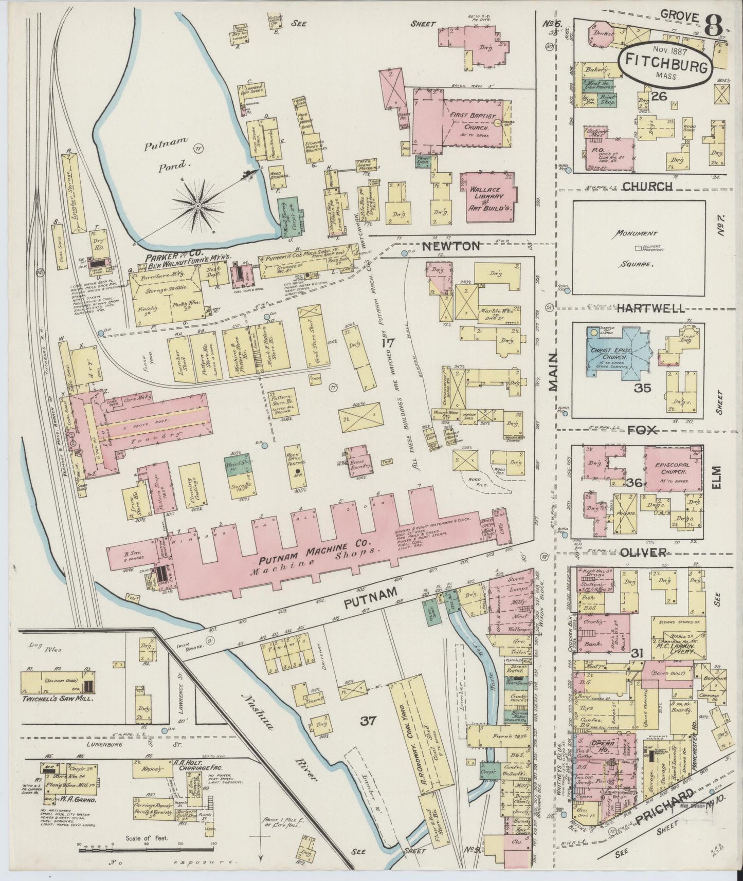 Sanborn Fire Insurance Map from Fitchburg, Worcester County, Massachusetts (1887), Sheet #0008 - Complete Map Set gallery image, historic Sanborn map, vintage wall art, Massachusetts Massachusetts
