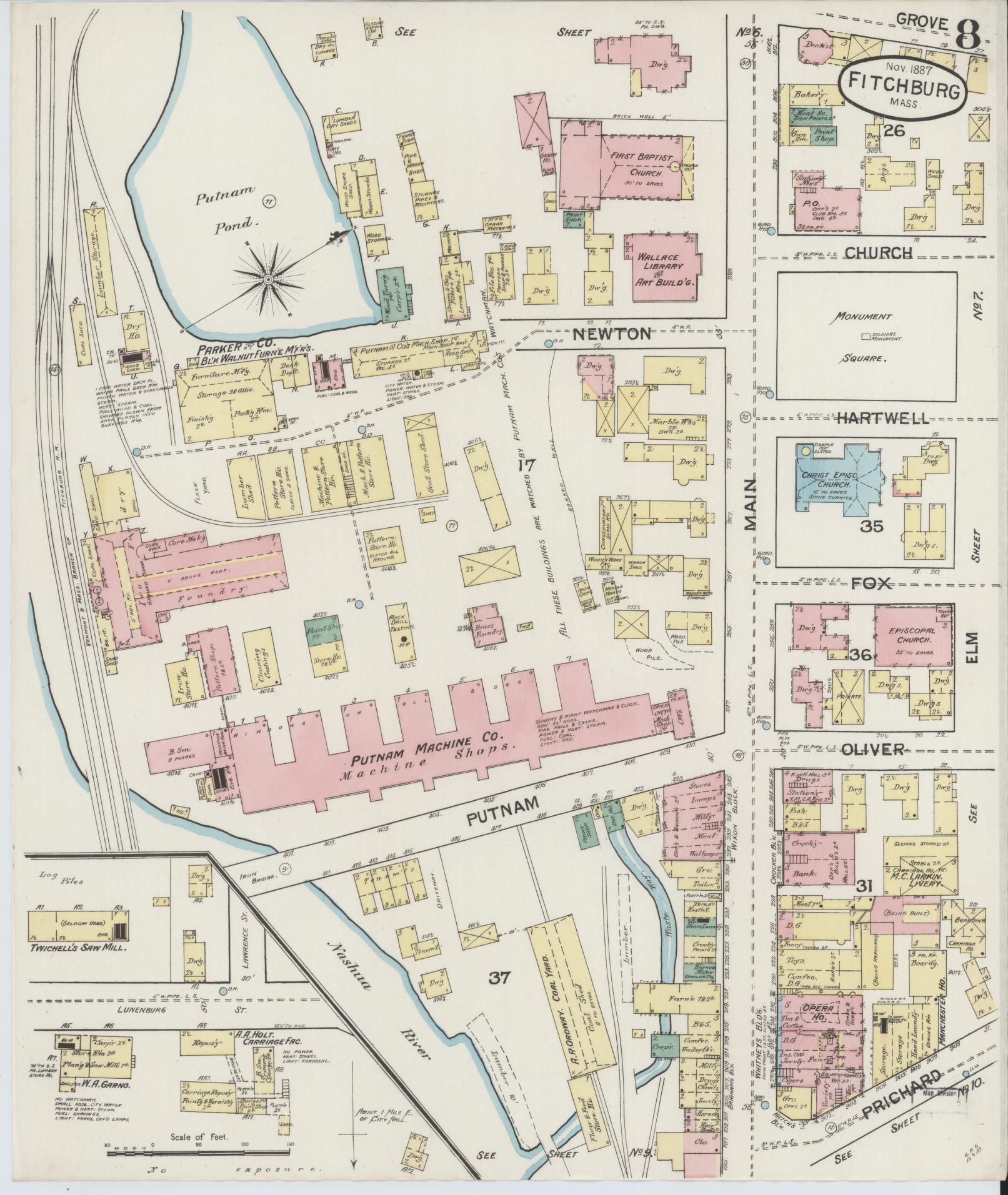Sanborn Fire Insurance Map from Fitchburg, Worcester County, Massachusetts (1887), Sheet #0008 - Complete Map Set gallery image, historic Sanborn map, vintage wall art, Massachusetts Massachusetts