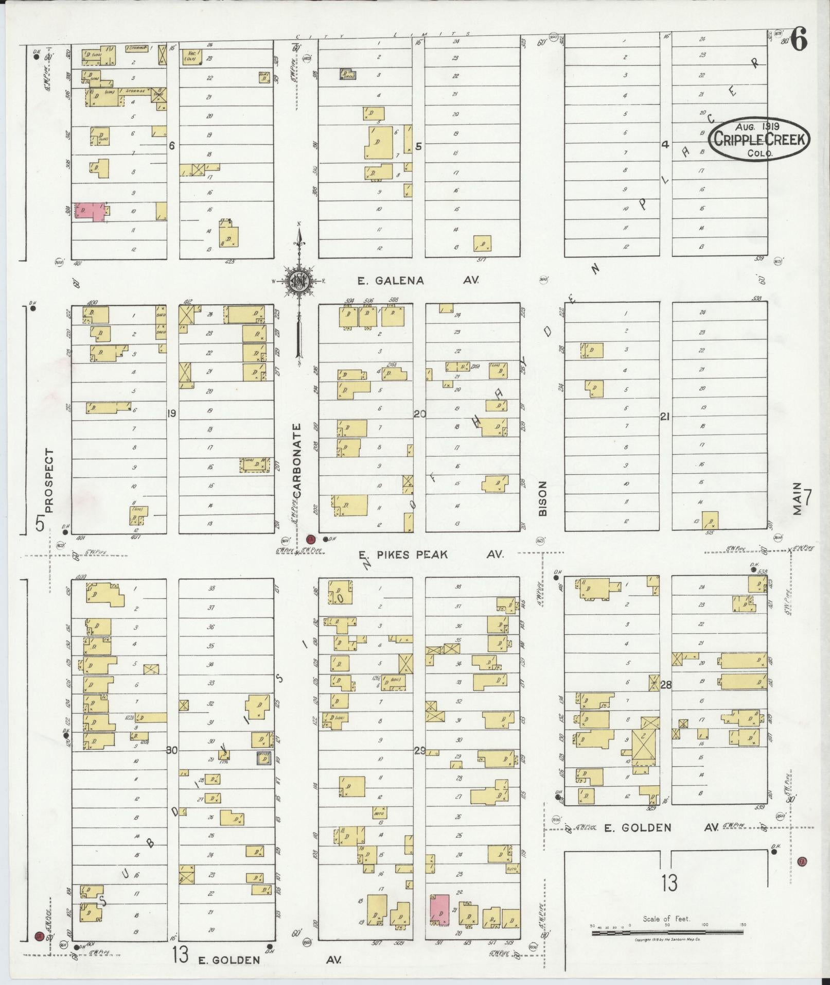 Sanborn Fire Insurance Map from Cripple Creek, Teller County, Colorado (1919), Sheet #0006 - Historic Sanborn Fire Insurance Map Print, vintage old map wall art, antique decor, genealogy gift, Colorado Colorado map