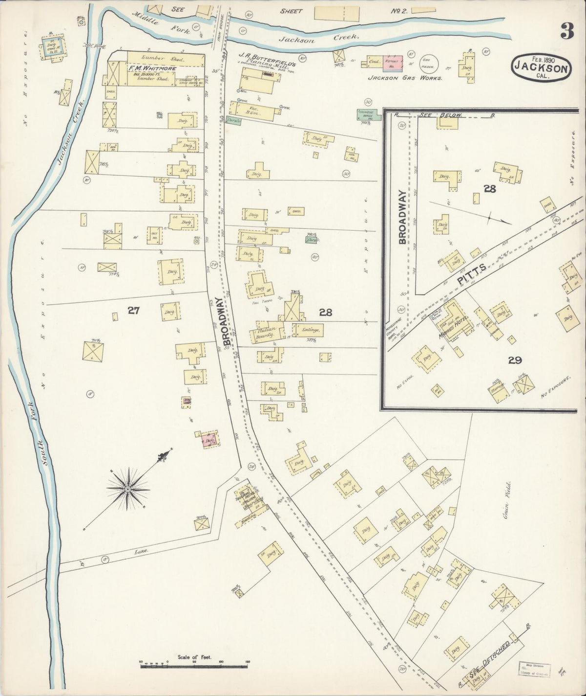 Sanborn Fire Insurance Map from Jackson, Amador County, California (1890), Sheet #0003 - Complete Map Set gallery image, historic Sanborn map, vintage wall art, California California