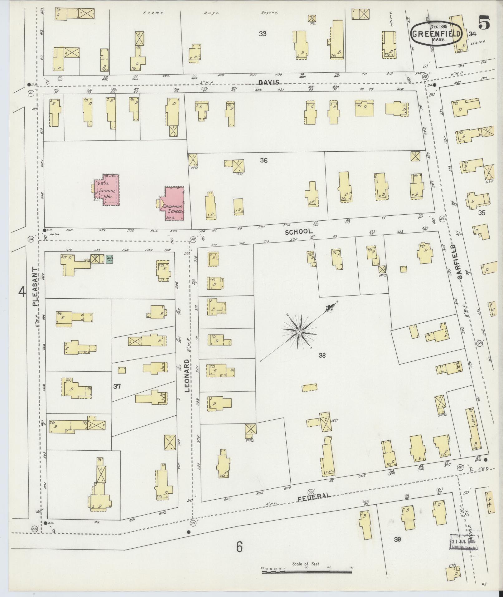Sanborn Fire Insurance Map from Greenfield, Franklin County, Massachusetts (1896), Sheet #0005 - Complete Map Set gallery image, historic Sanborn map, vintage wall art, Massachusetts Massachusetts