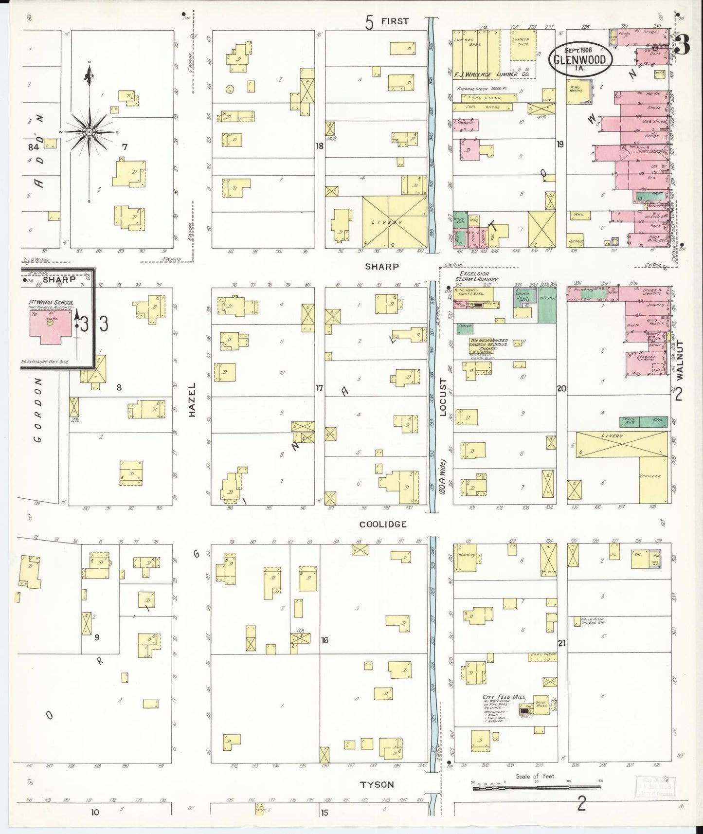 Sanborn Fire Insurance Map from Glenwood, Mills County, Iowa (1908), Sheet #0003 - Historic Sanborn Fire Insurance Map Print, vintage old map wall art