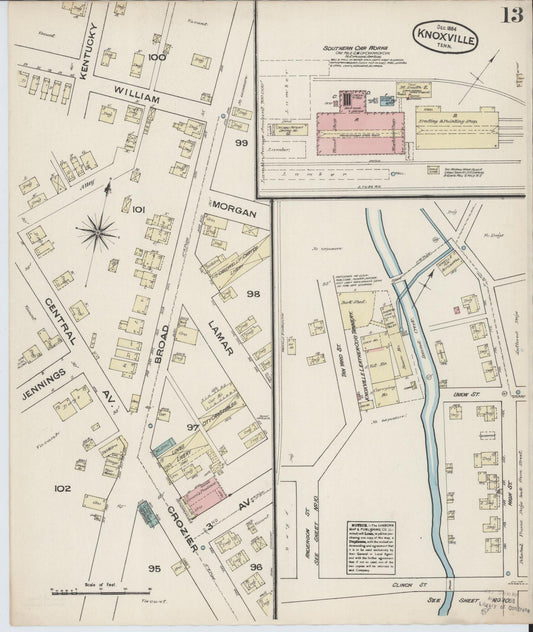 Sanborn Fire Insurance Map from Knoxville, Knox County, Tennessee (1884), Sheet #0013 - Historic Sanborn Fire Insurance Map Print, vintage old map wall art, antique decor, genealogy gift, Tennessee Tennessee map