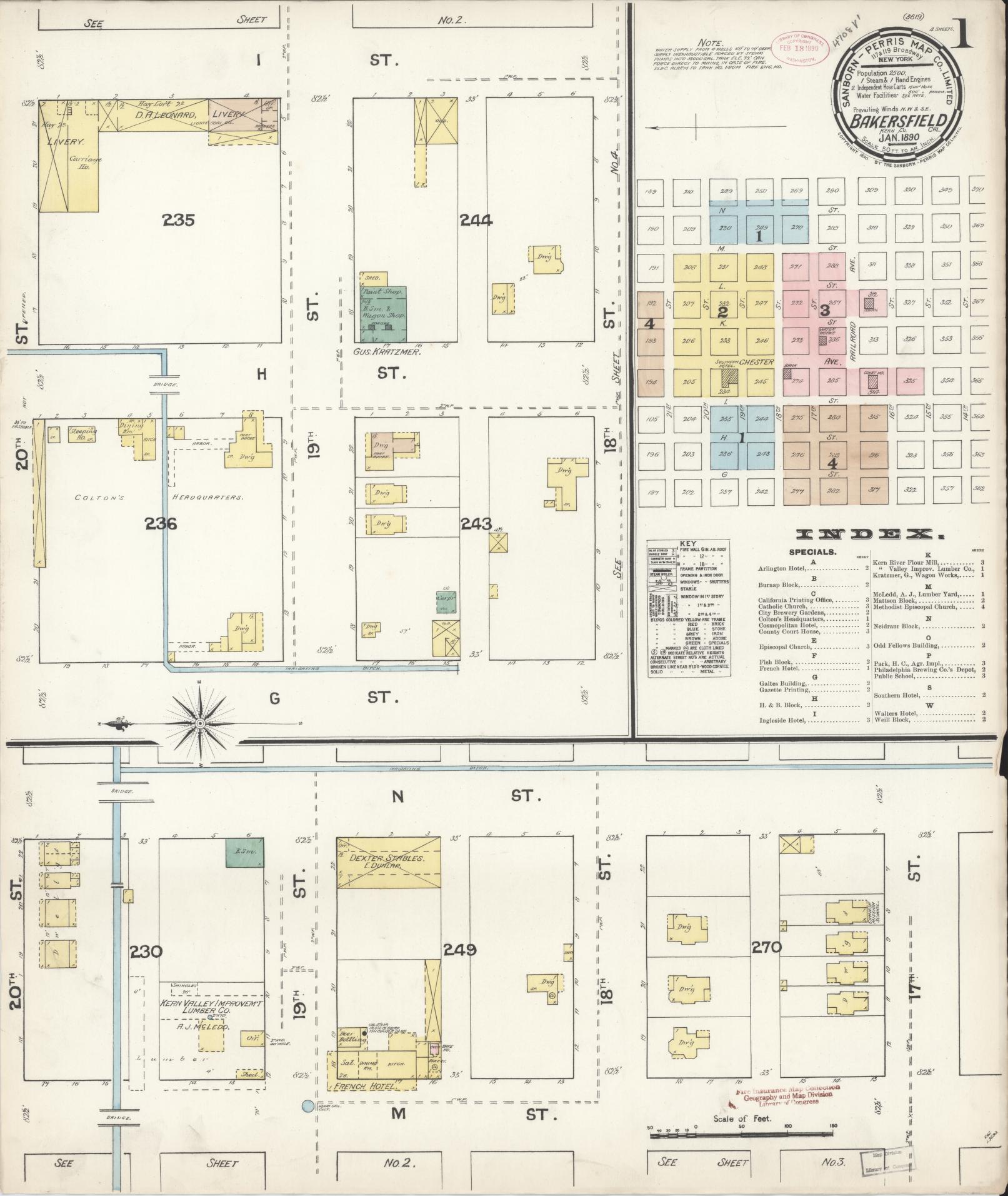 Sanborn Fire Insurance Map from Bakersfield, Kern County, California (1890), Sheet #0001 - Historic Sanborn Fire Insurance Map Print, vintage old map wall art, antique decor, genealogy gift, California California map