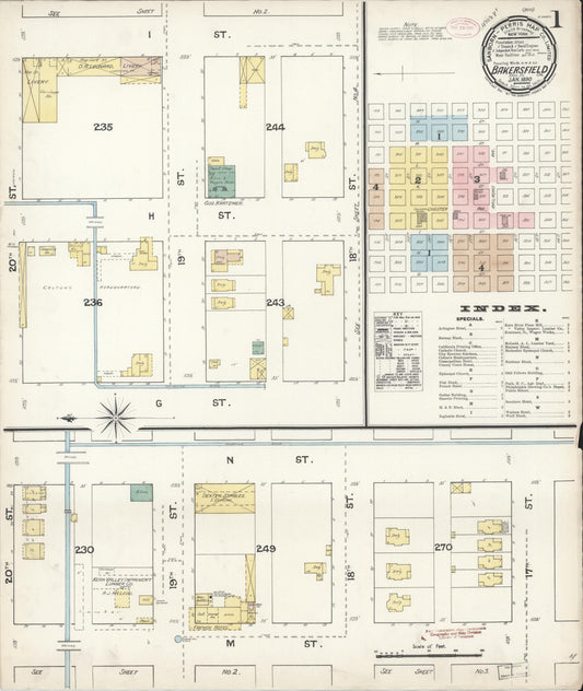 Sanborn Fire Insurance Map from Bakersfield, Kern County, California (1890), Sheet #0001 - Historic Sanborn Fire Insurance Map Print, vintage old map wall art, antique decor, genealogy gift, California California map