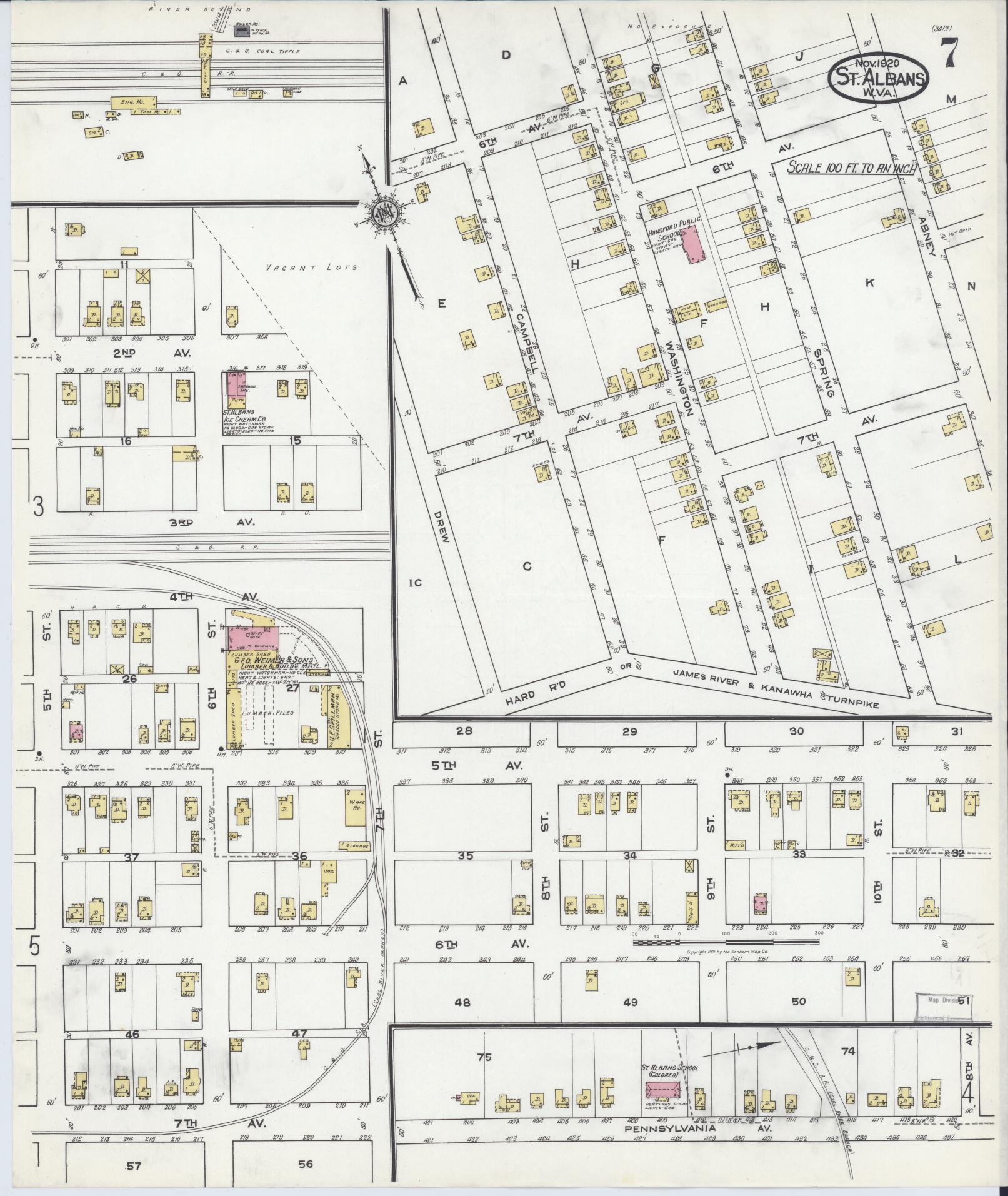 Sanborn Fire Insurance Map from Saint Albans, Kanawha County, West Virginia (1920), Sheet #0007 - Complete Map Set gallery image, historic Sanborn map, vintage wall art, West Virginia West Virginia