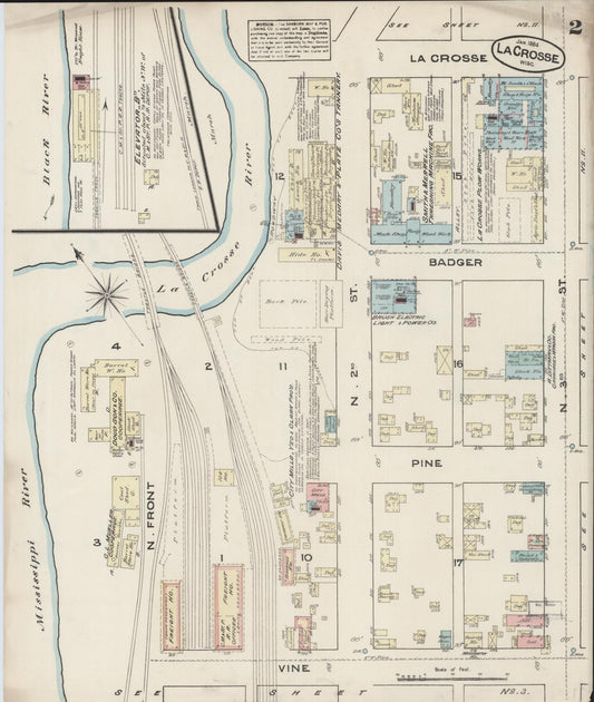 Sanborn Fire Insurance Map from La Crosse, La Crosse County, Wisconsin (1884), Sheet #0002 - Historic Sanborn Fire Insurance Map Print, vintage old map wall art, antique decor, genealogy gift, Wisconsin Wisconsin map