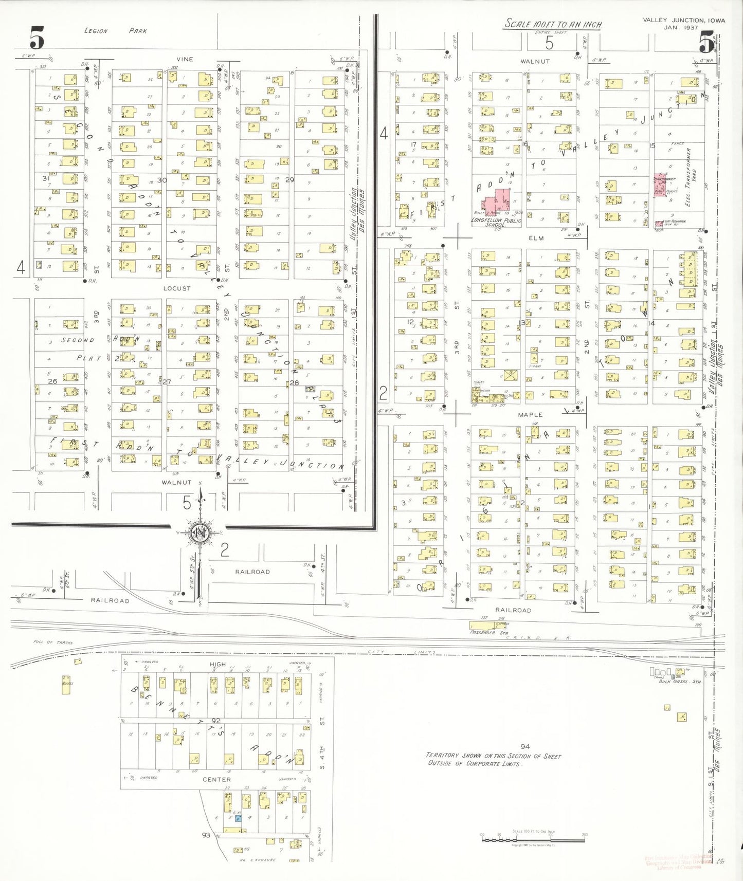Sanborn Fire Insurance Map from Valley Junction, Polk County, Iowa (1937), Sheet #0005 - Historic Sanborn Fire Insurance Map Print, vintage old map wall art