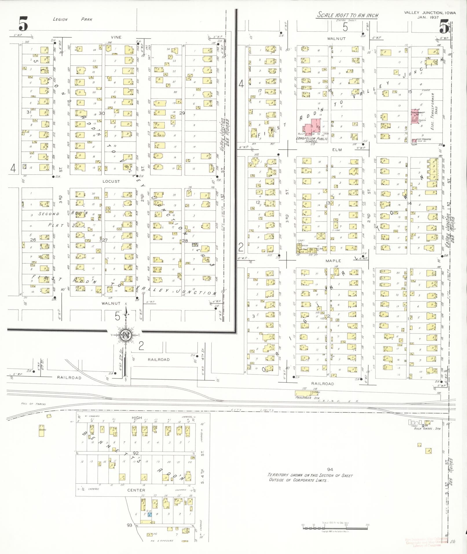 Sanborn Fire Insurance Map from Valley Junction, Polk County, Iowa (1937), Sheet #0005 - Historic Sanborn Fire Insurance Map Print, vintage old map wall art